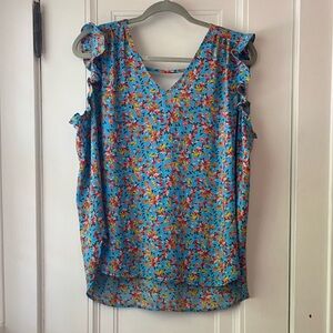 Loft turquoise blue floral bar back tank top blouse L